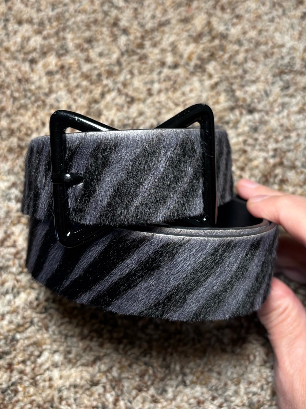393. W by Worth Zebra-Print Genuine Leather Belt with Black Buckle, Size M